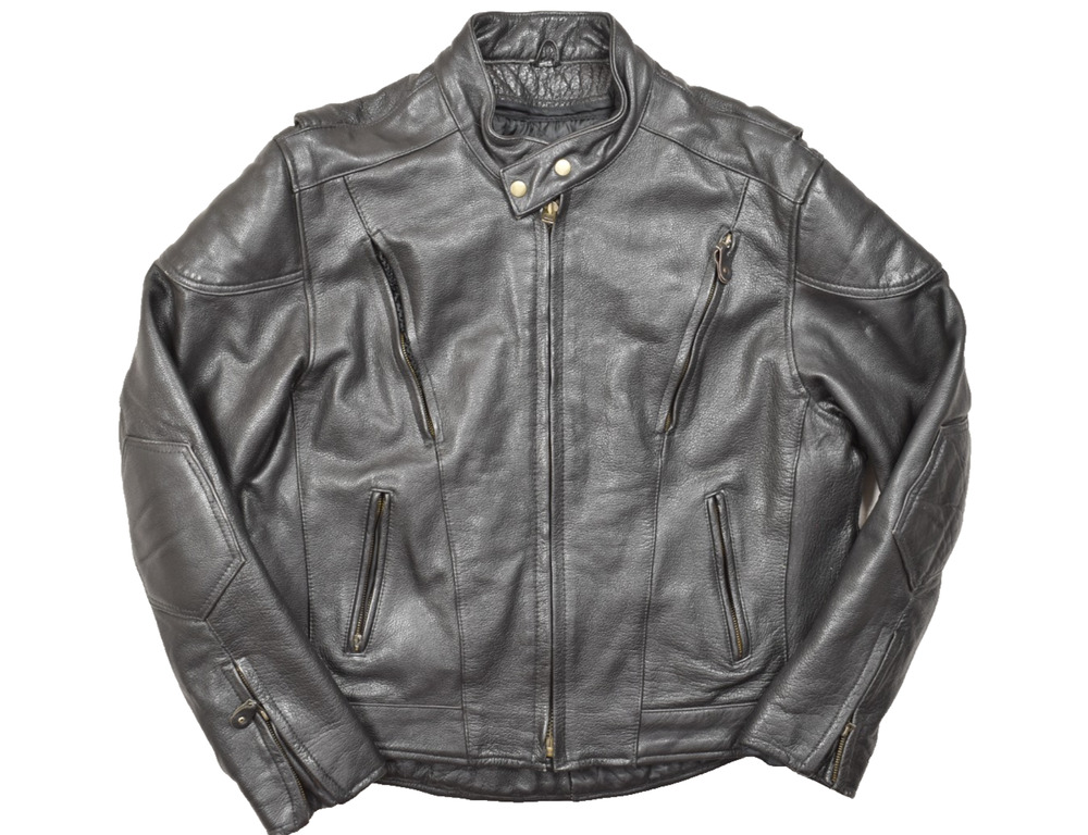 Xelement Men XL Black Real Leather Motorcycle Jacket Padded Armor Zip-Out Liner